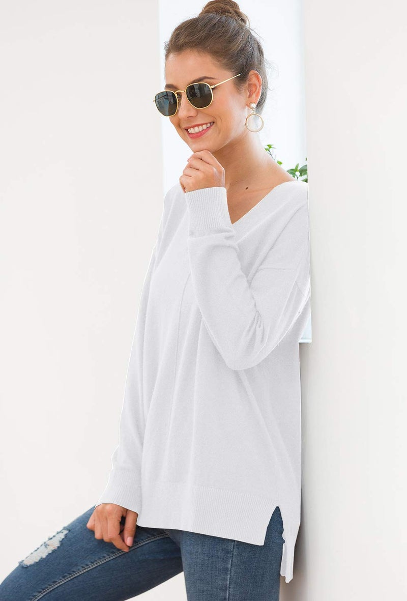 Jouica Womens Loose V-Neck Pullover Sweater Top W/Slight Hi-Low,White,X-Large - Image 5